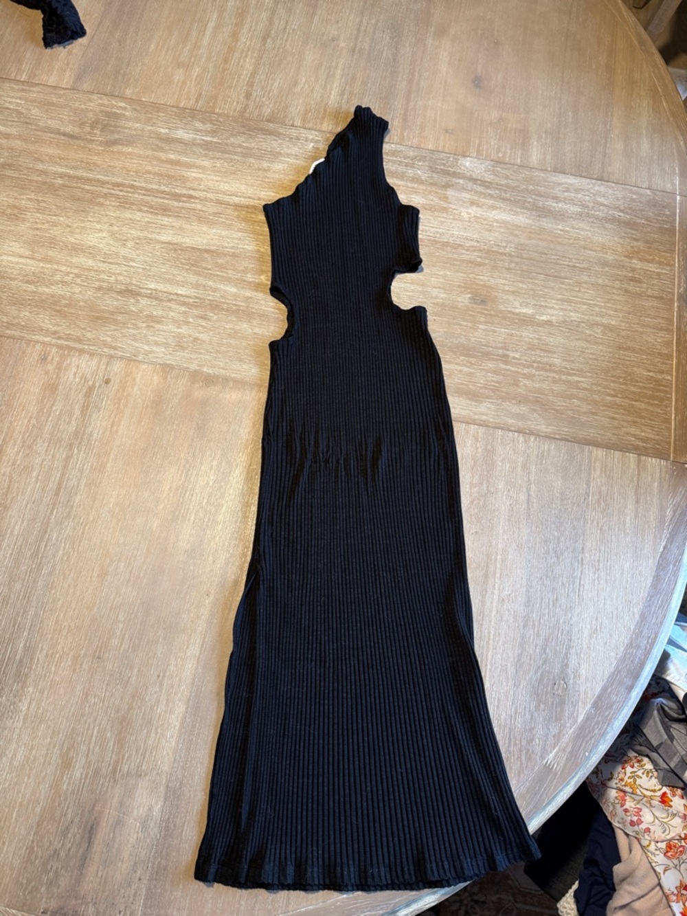 LNA Black One-Shoulder Ribbed Cutout Midi Dress